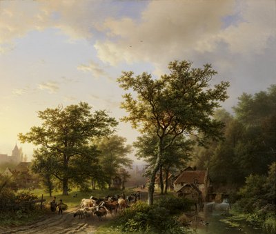 Landschaft mit Wassermühle und Viehtreibern von Barend Cornelis Koekkoek